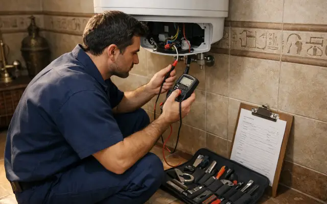 Illustration: a technician inspecting a Atlantic water heaters