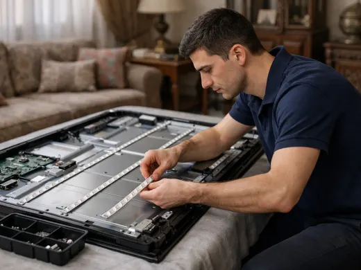 Illustration: a technician inspecting a BenQ appliance