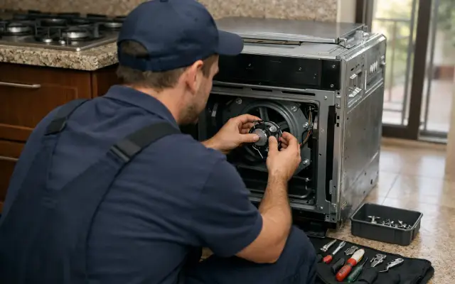 Illustration: a technician inspecting a Bompani built-in appliances