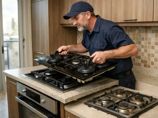 Illustration: a technician inspecting a Bompani appliance