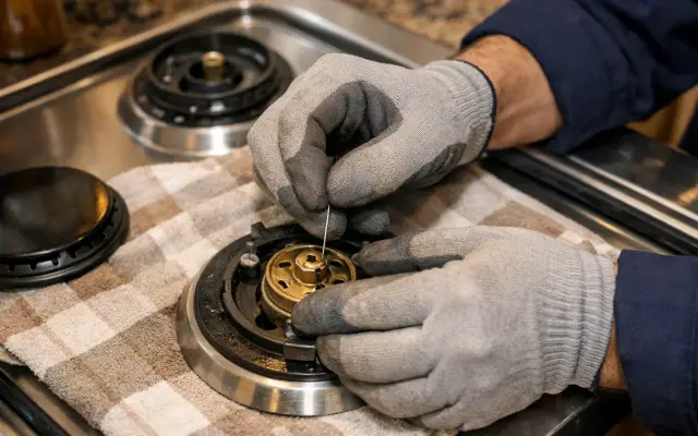 Illustration: a technician inspecting a Bompani stoves & cookers