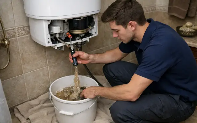 Illustration: a technician inspecting a Bowman water heaters