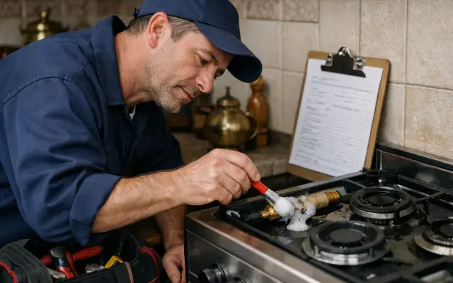 Illustration: a technician inspecting a Brown stoves & cookers