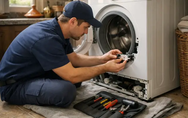 Illustration: a technician inspecting a Candy washing machines