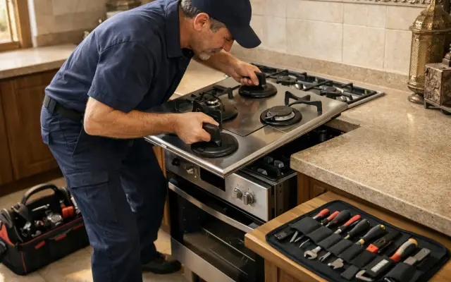 Illustration: a technician inspecting a Ecomatic built-in appliances