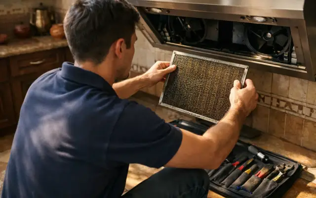 Illustration: a technician inspecting a Ecomatic range hoods