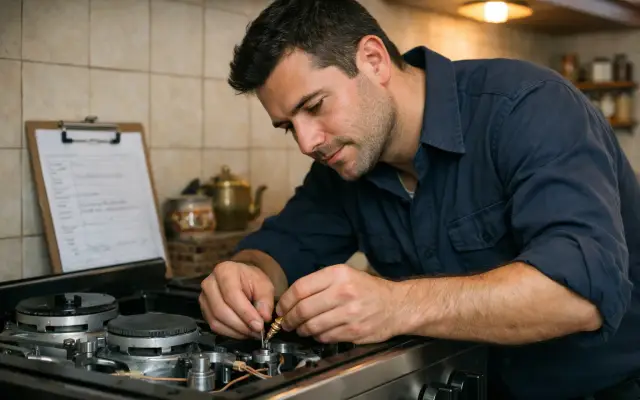 Illustration: a technician inspecting a Ecomatic stoves & cookers