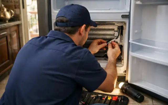 Illustration: a technician inspecting a Elba refrigerators