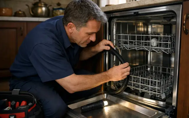 Illustration: a technician inspecting a Fresh dishwashers