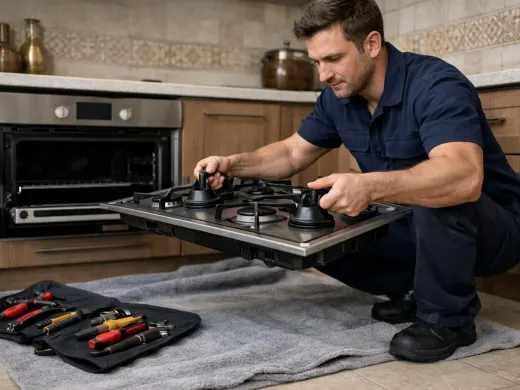 Illustration: a technician inspecting a Fresh appliance