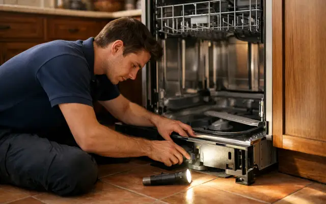 Illustration: a technician inspecting a Frigidaire dishwashers