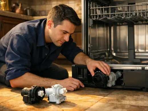 Illustration: a technician inspecting a Frigidaire appliance