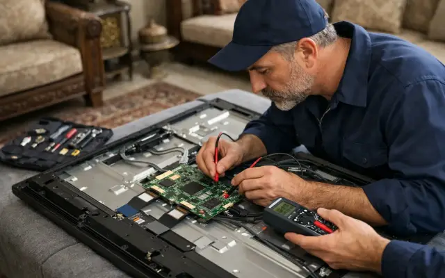 Illustration: a technician inspecting a Hyundai tvs