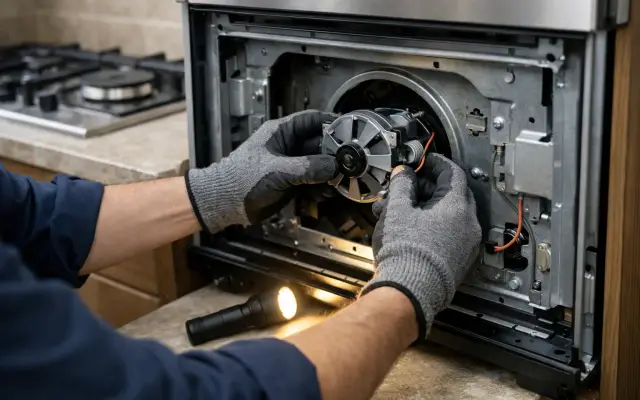 Illustration: a technician inspecting a iCook built-in appliances