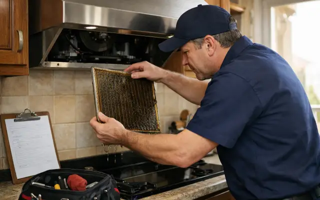 Illustration: a technician inspecting a iCook range hoods