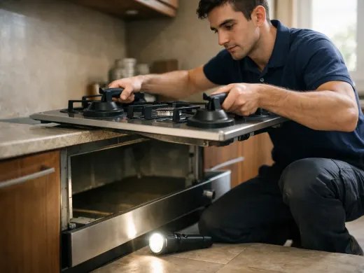 Illustration: a technician inspecting a iCook appliance