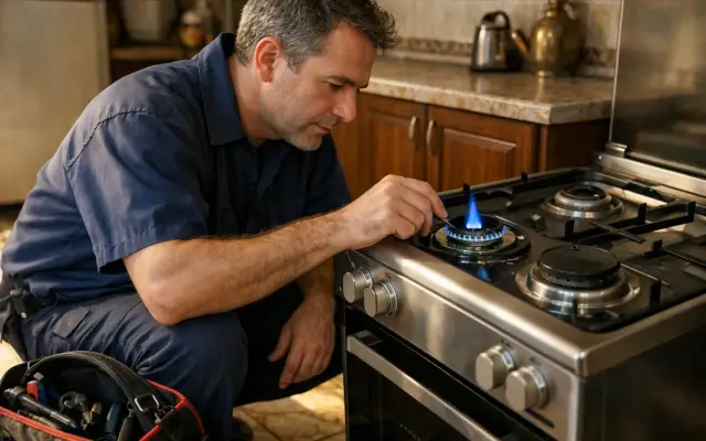 Illustration: a technician inspecting a iCook stoves & cookers