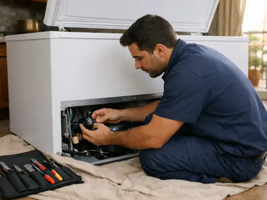 Illustration: a technician inspecting a Kiriazi appliance