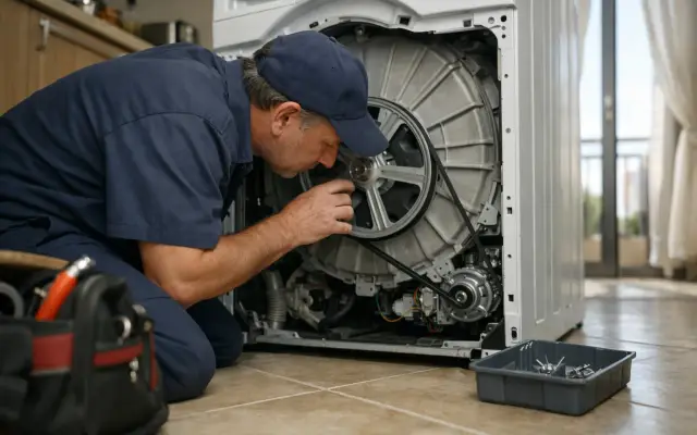 Illustration: a technician inspecting a Kiriazi washing machines