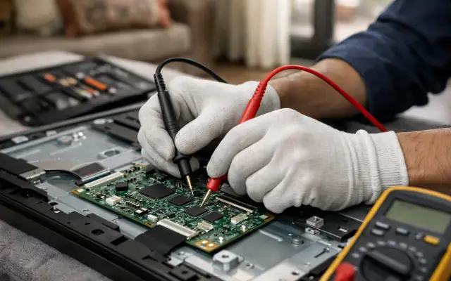 Illustration: a technician inspecting a Kontex tvs