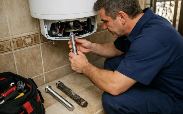 Illustration: a technician inspecting a Levon water heaters