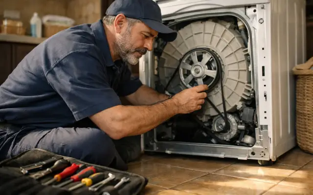 Illustration: a technician inspecting a Maytag washing machines