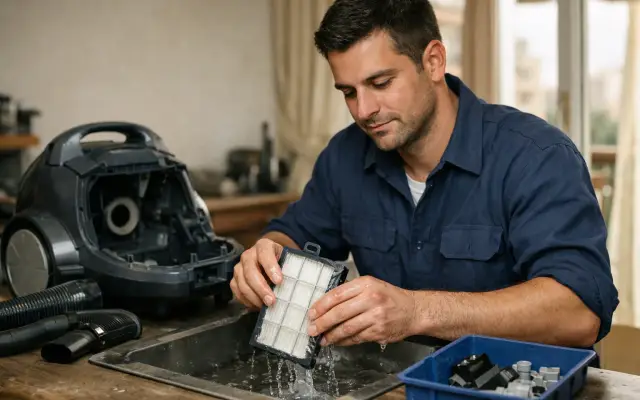 Illustration: a technician inspecting a Miele vacuum cleaners