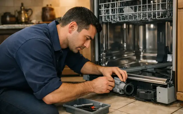 Illustration: a technician inspecting a Neff dishwashers