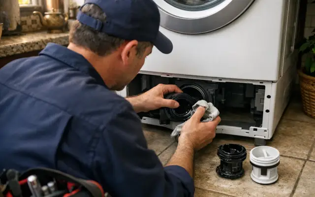 Illustration: a technician inspecting a Neff washing machines