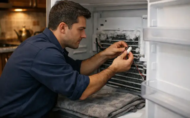 Illustration: a technician inspecting a Norge refrigerators