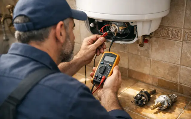 Illustration: a technician inspecting a Ocean water heaters