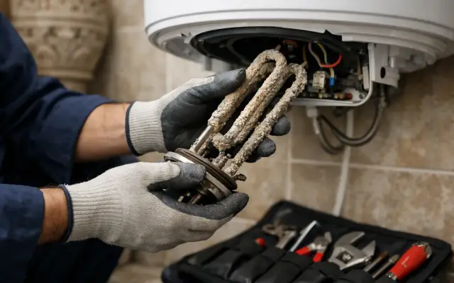 Illustration: a technician inspecting a Olympic water heaters