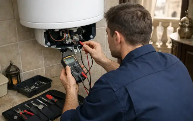 Illustration: a technician inspecting a Rheem water heaters