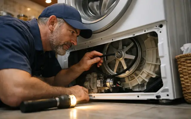 Illustration: a technician inspecting a Sharp washing machines