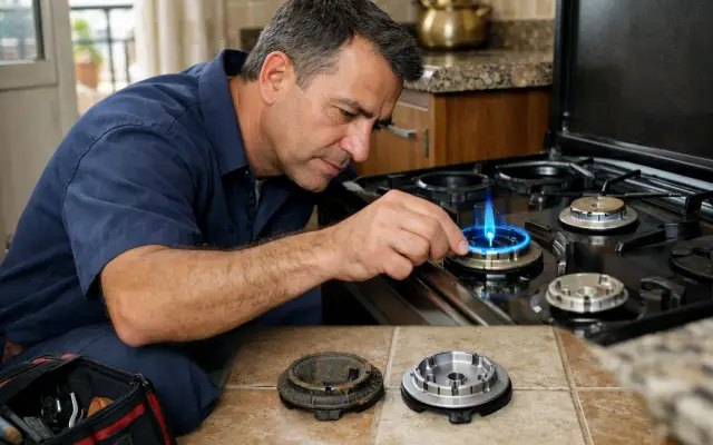 Illustration: a technician inspecting a Tecnogas stoves & cookers