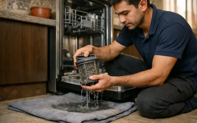 Illustration: a technician inspecting a Teka dishwashers