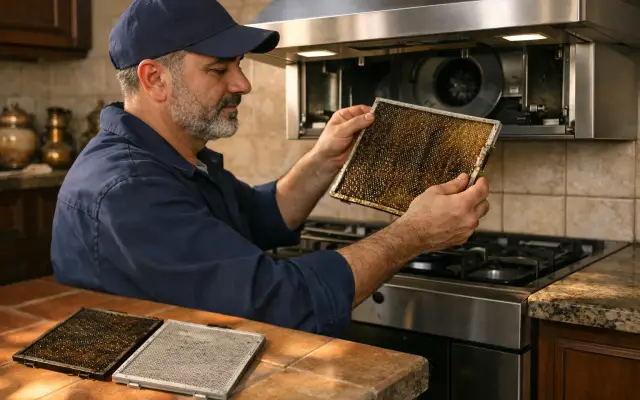 Illustration: a technician inspecting a Teka range hoods