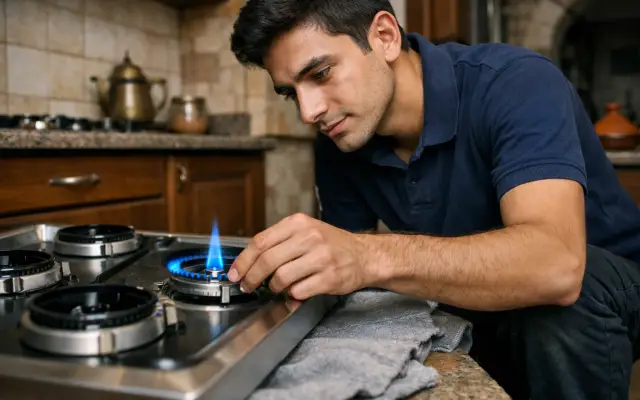 Illustration: a technician inspecting a Teka stoves & cookers