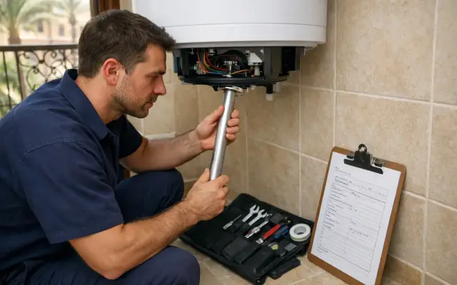 Illustration: a technician inspecting a Tornado water heaters