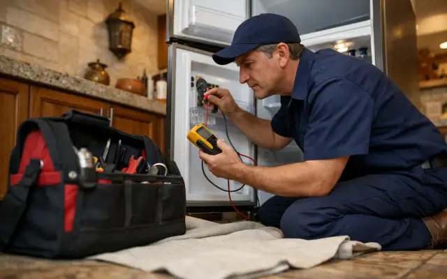 Illustration: a technician inspecting a Kiriazi refrigerators