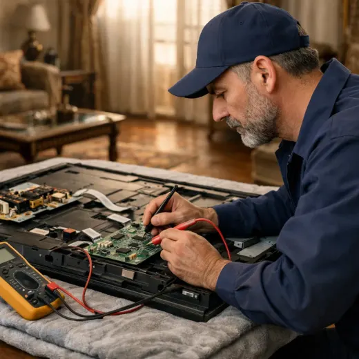 Illustration: a technician inspecting tvs