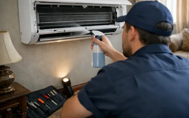 Illustration: a technician inspecting a Unionaire air conditioners