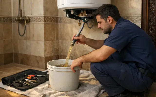 Illustration: a technician inspecting a Universal water heaters