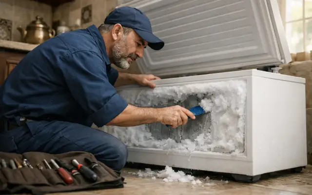 Illustration: a technician inspecting a Whirlpool deep freezers
