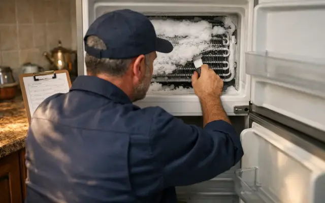 Illustration: a technician inspecting a Whirlpool refrigerators