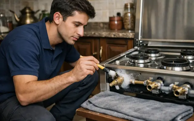 Illustration: a technician inspecting a Whirlpool stoves & cookers