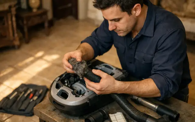 Illustration: a technician inspecting a Whirlpool vacuum cleaners
